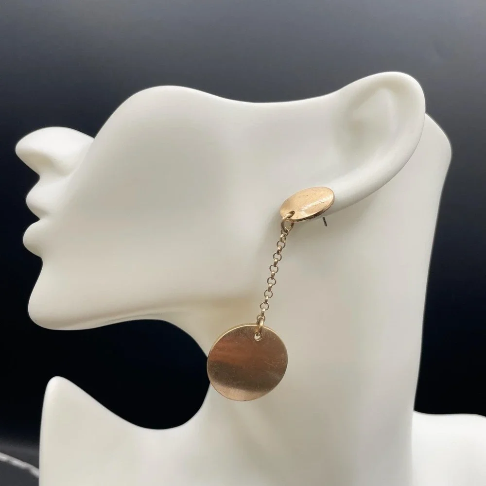 Contemporary Gold-Tone Classic Round Link Chain Double Disc Drop Dangle Earrings